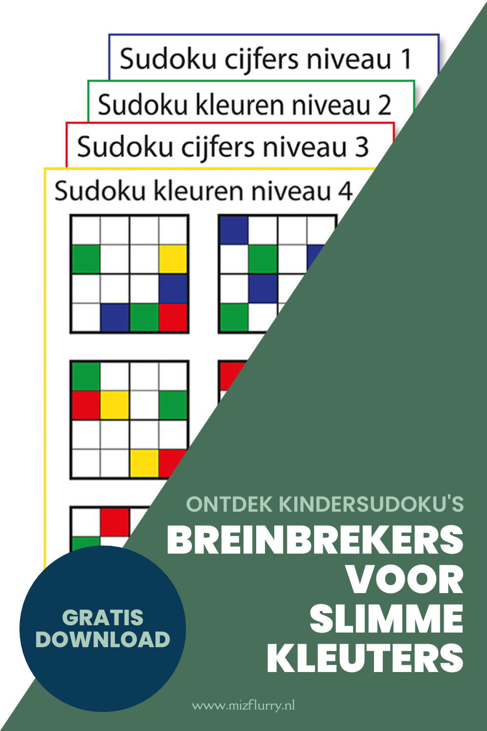 Pinterest-afbeelding met een voorvertoning van de sudokus met cijfers en kleuren. Tekst op afbeelding: ontdek kindersudoku's, breinbrekers voor slimme kleuters, gratis download.
