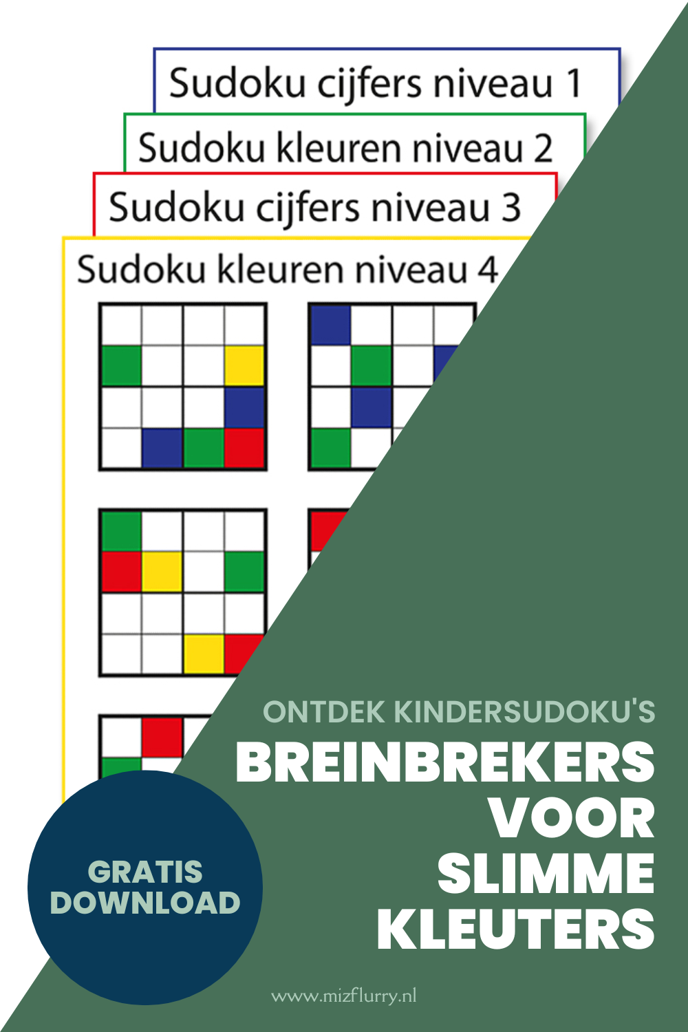 Pinterest-afbeelding met een voorvertoning van de sudokus met cijfers en kleuren.