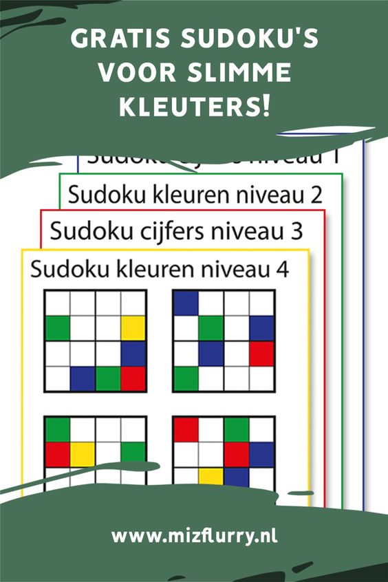 Pinterest-afbeelding met de tekst: gratis sudokus voor slimme kleuters en een voorbeeld van de werkbladen.