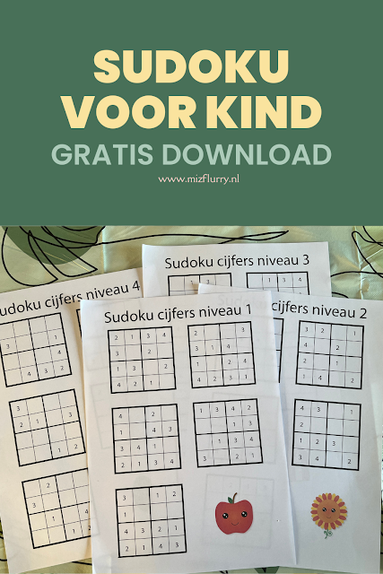 Pinterest-afbeelding met de tekst: Sudoku voor kind - gratis download. Met een foto van verschillende uitgeprinte Sudoku werkbladen voor kleuters.