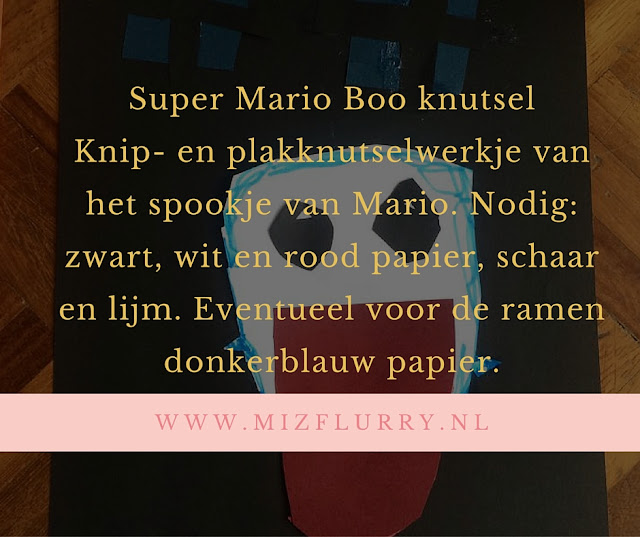 Knip- en plakknutselwerkje van het spookje van Mario. Nodig: zwart, wit en rood papier, schaar en lijm. Eventueel voor de ramen donkerblauw papier.