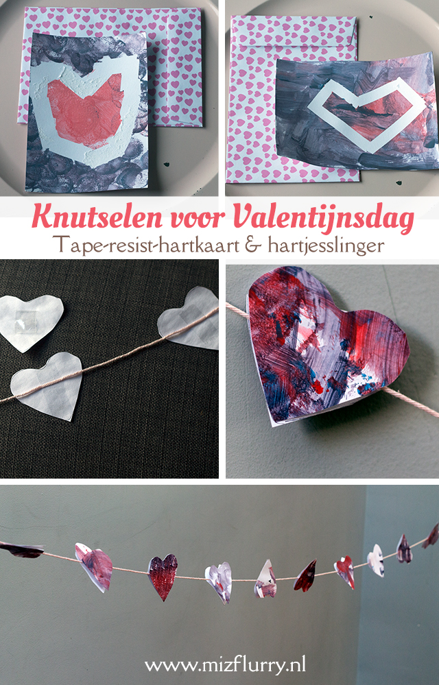 Knutselen voor Valentijnsdag - Deze twee knutselideeën zijn makkelijk uit te voeren met kinderen; een tape resist hartkaart en een hartjesslinger van papier.