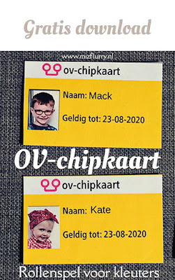 Knutsel zelf deze OV-chipkaart met behulp van deze gratis printable voor kinderen. Rollenspel kleuters thema trein.