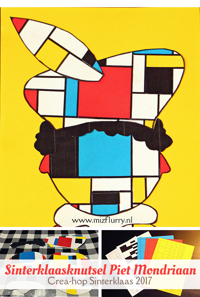 Uitleg hoe je een Piet Mondriaan maakt (Sinterklaasknutsel). Gratis printable van het Mondriaan grid (De Stijl) en losse Piet-onderdelen. Deelnemer van Crea-hop Sinterklaas 2017.