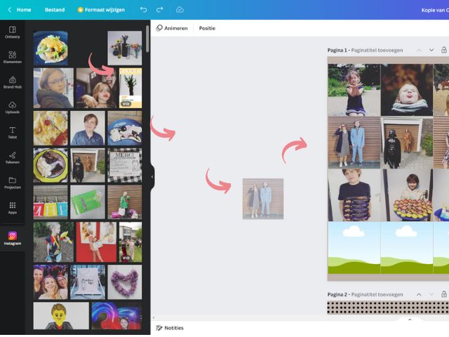 Foto's naar plek slepen in Canva (schermafbeelding)